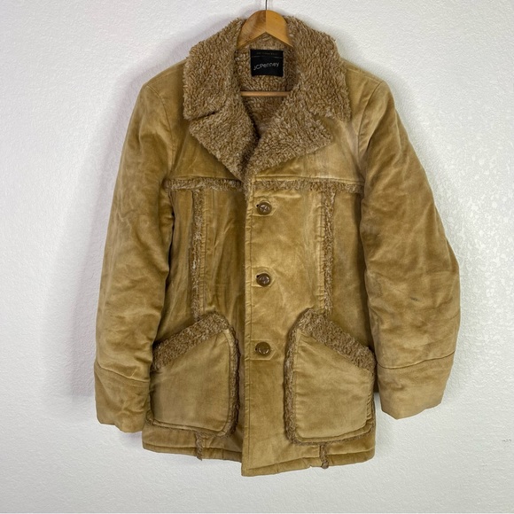 Vintage JC Penny Tan Brown Corduroy Faux Fur Chore Barn Jacket